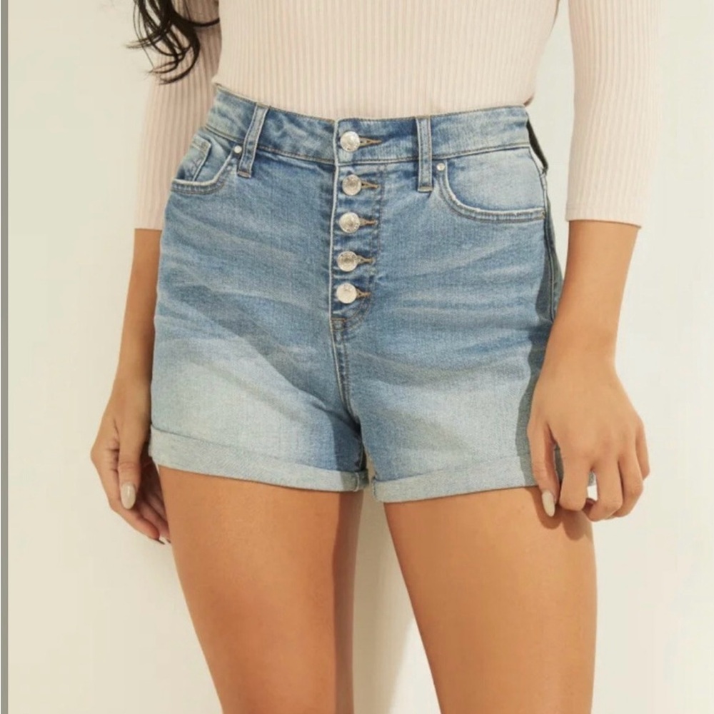 Guess Light Blue High-Rise Button-Fly Denim Shorts